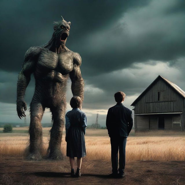 Create a dramatic scene featuring a well-dressed farm boy transforming into a monster