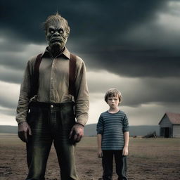 Create a dramatic scene featuring a well-dressed farm boy transforming into a monster