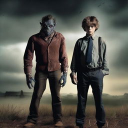 Create a dramatic scene featuring a well-dressed farm boy transforming into a monster