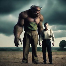 Create a dramatic scene featuring a well-dressed country man transforming into a monster