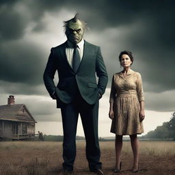 Create a dramatic scene featuring a well-dressed country man transforming into a monster