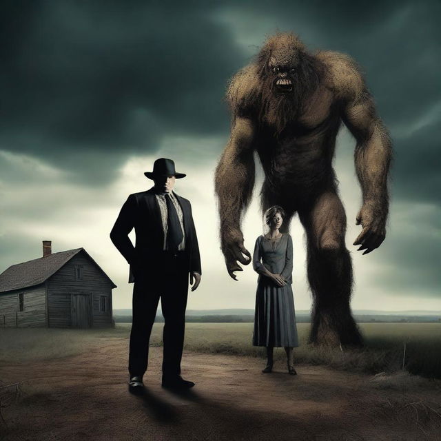 Create a dramatic scene featuring a well-dressed country man transforming into a monster