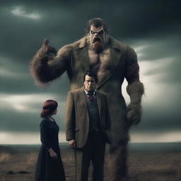 Create a dramatic scene featuring a well-dressed country man transforming into a monster