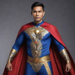 A superhero originating from Malaysia, adorned in a costume blending traditional Malay attire and motifs, possessing unique powers derived from Malaysian legends and mythology