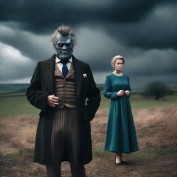 Create a dramatic scene featuring a fancy dressed man in the countryside who turns into a nasty, cruel man