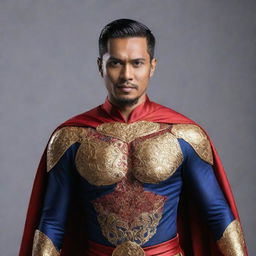 A superhero originating from Malaysia, adorned in a costume blending traditional Malay attire and motifs, possessing unique powers derived from Malaysian legends and mythology