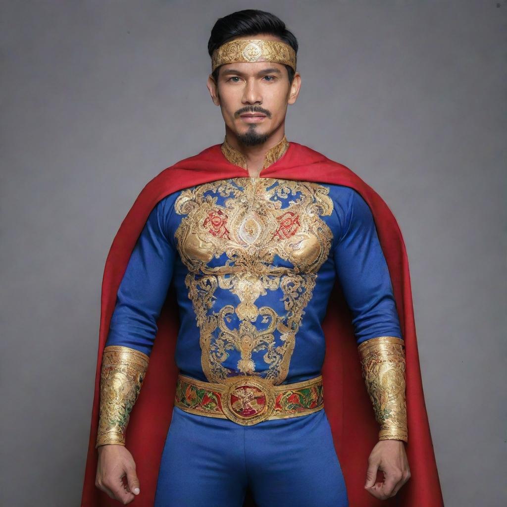 A Brunei superhero, wearing a costume enriched with Bruneian motifs and traditional fabrics, displaying superpowers influenced by Bruneian folklore and legends