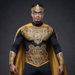 A Brunei superhero, wearing a costume enriched with Bruneian motifs and traditional fabrics, displaying superpowers influenced by Bruneian folklore and legends