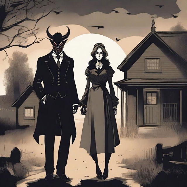 Create an illustration of a nicely dressed husband and wife who live out in the country