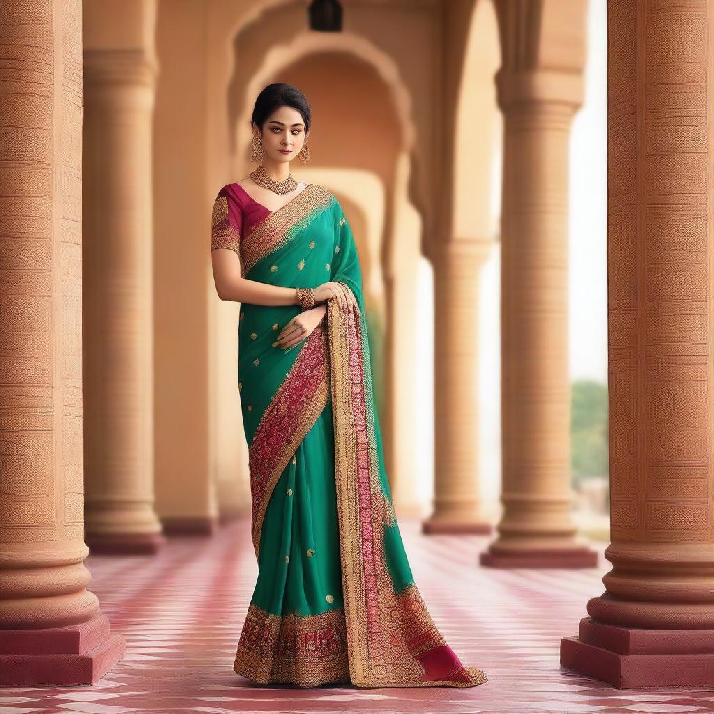 A woman wearing a traditional saree, standing gracefully