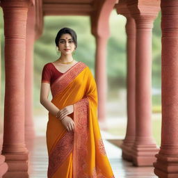 A woman wearing a traditional saree, standing gracefully