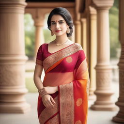 A woman wearing a traditional saree, standing gracefully