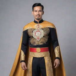 A Brunei superhero, wearing a costume enriched with Bruneian motifs and traditional fabrics, displaying superpowers influenced by Bruneian folklore and legends