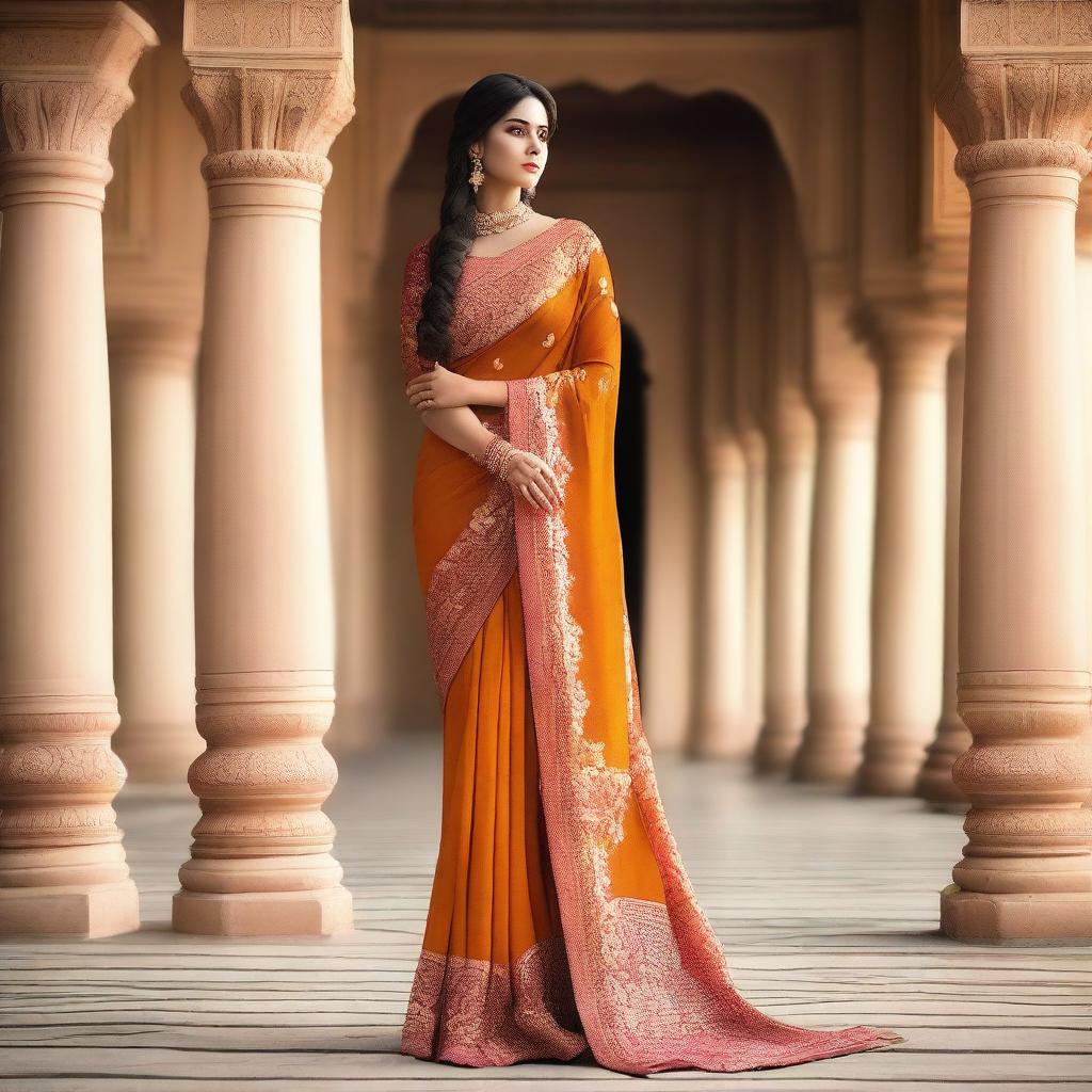 A woman wearing a traditional saree, standing gracefully