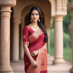 A woman wearing a traditional saree, standing gracefully