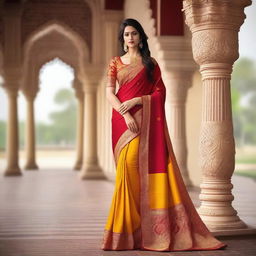 A woman wearing a traditional saree, standing gracefully