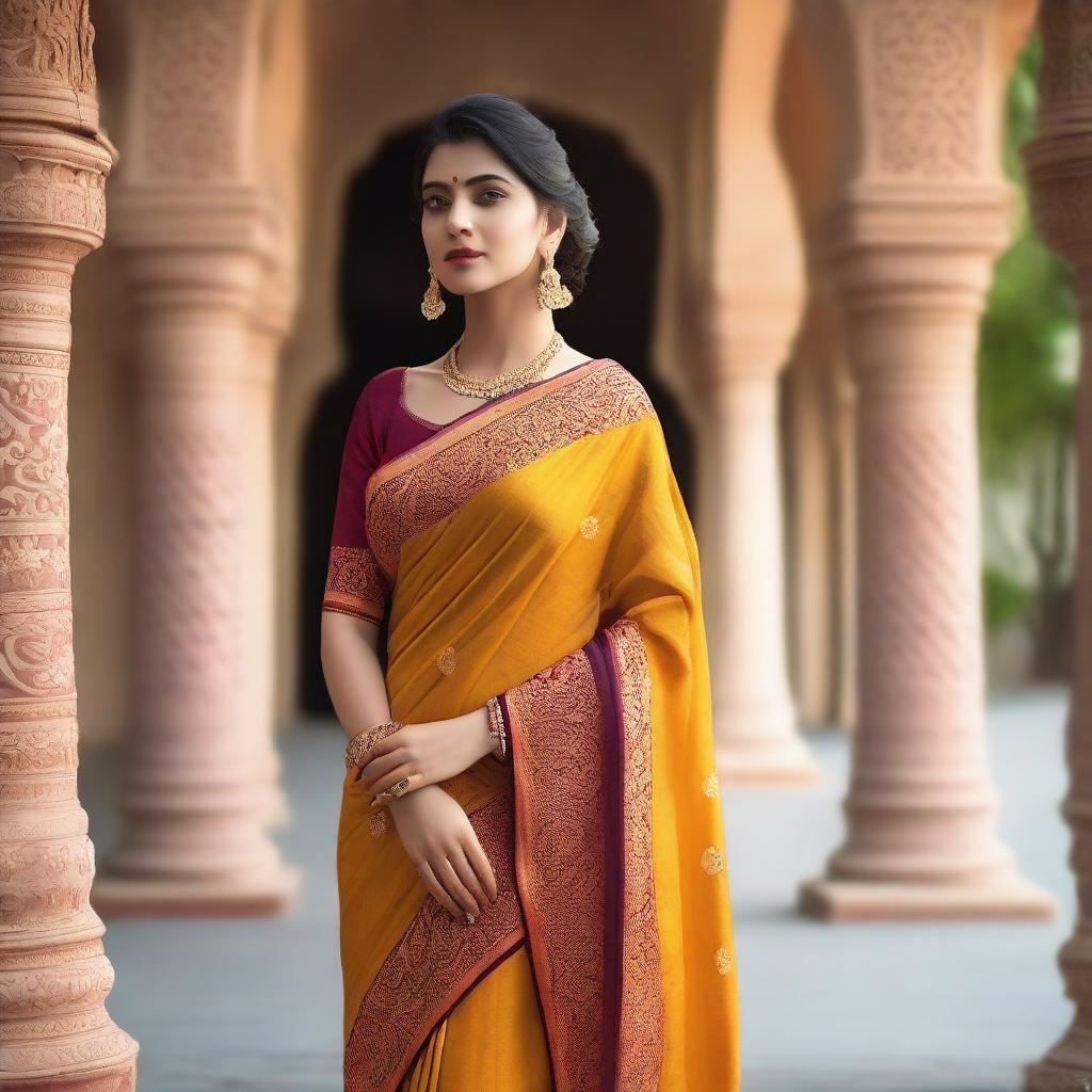 A woman wearing a traditional saree, standing gracefully