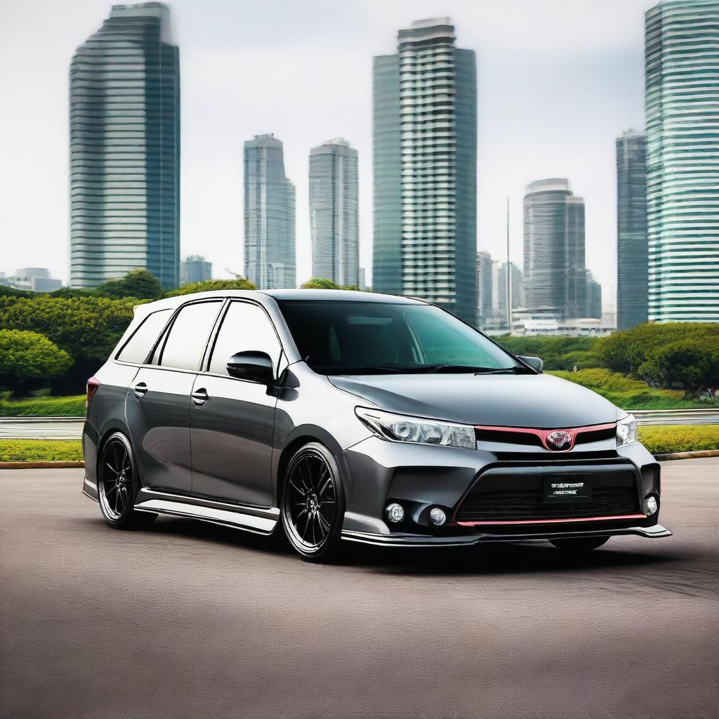 A modified Toyota Fielder 161 with custom body kit, lowered suspension, and sporty rims