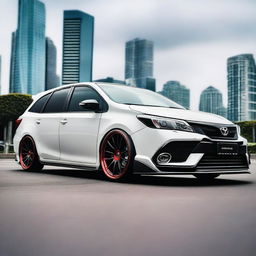 A modified Toyota Fielder 161 with custom body kit, lowered suspension, and sporty rims