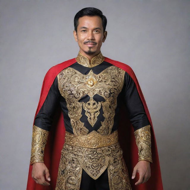 A Brunei superhero, wearing a costume enriched with Bruneian motifs and traditional fabrics, displaying superpowers influenced by Bruneian folklore and legends