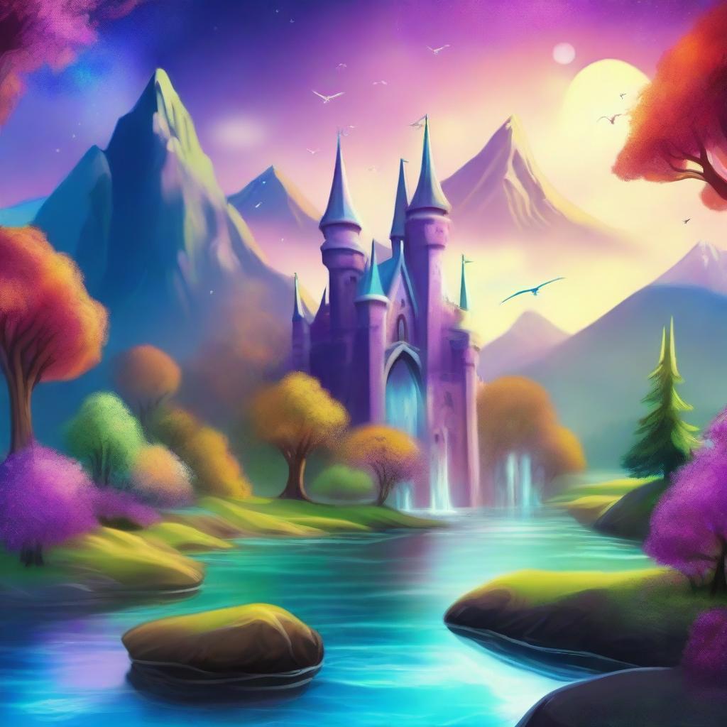 Create an image of a vibrant and colorful fantasy landscape with mystical creatures and magical elements