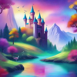 Create an image of a vibrant and colorful fantasy landscape with mystical creatures and magical elements