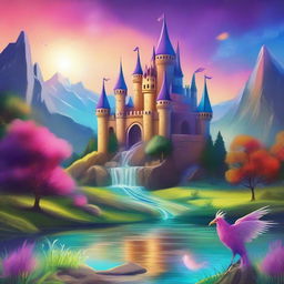 Create an image of a vibrant and colorful fantasy landscape with mystical creatures and magical elements