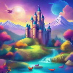 Create an image of a vibrant and colorful fantasy landscape with mystical creatures and magical elements