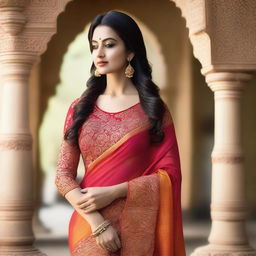 A woman wearing a traditional saree, standing gracefully