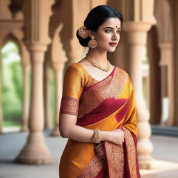 A woman wearing a traditional saree, standing gracefully