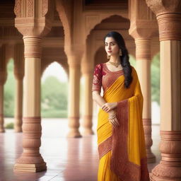 A woman wearing a traditional saree, standing gracefully