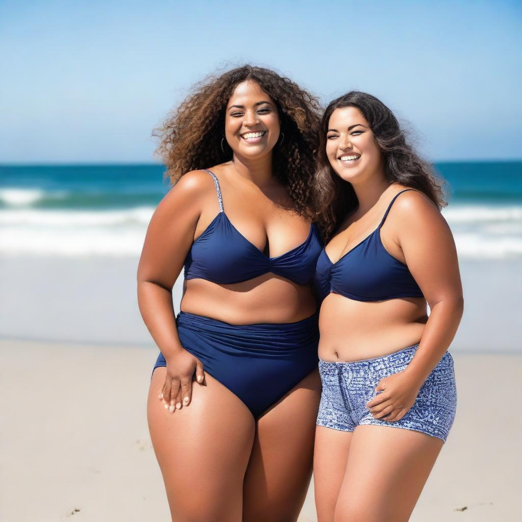 A beautiful, confident, and curvy woman enjoying a sunny day on the beach with her friend