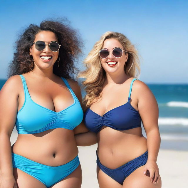 A beautiful, confident, and curvy woman enjoying a sunny day on the beach with her friend