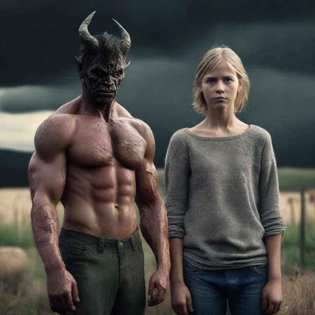 Create a photo-realistic image of a farm boy transforming into a demon