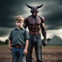 Create a photo-realistic image of a farm boy transforming into a demon