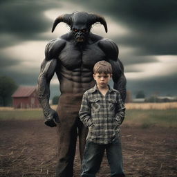 Create a photo-realistic image of a farm boy transforming into a demon