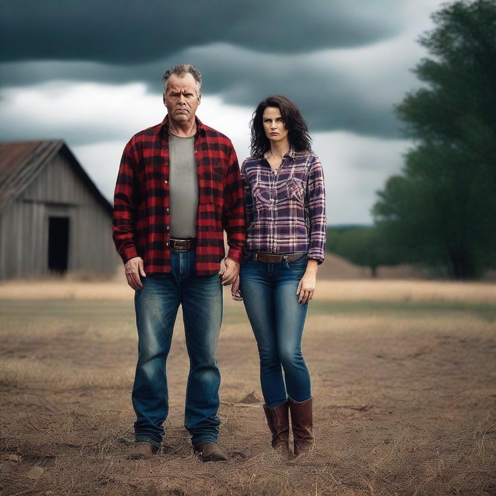 Create a photo-realistic image of a father dressed in a plaid button-up shirt, jeans, and boots, transforming into a demon