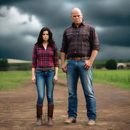 Create a photo-realistic image of a father dressed in a plaid button-up shirt, jeans, and boots, transforming into a demon