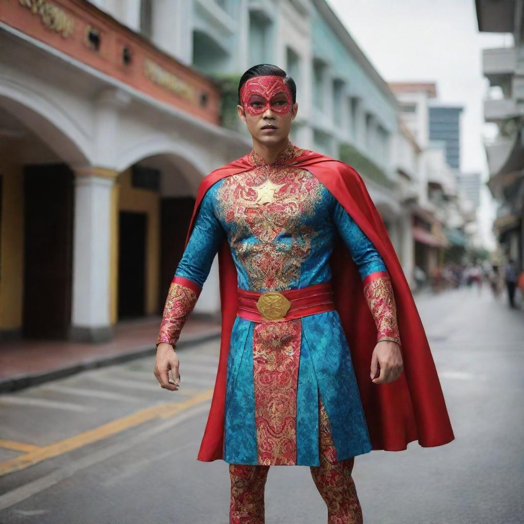 A superhero hailing from Singapore, donning a costume intertwined with modern design aspects and traditional Peranakan patterns, possessing powers intertwined with local myths and the multicultural spirit of the city-state