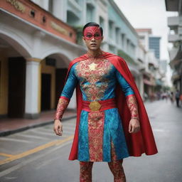 A superhero hailing from Singapore, donning a costume intertwined with modern design aspects and traditional Peranakan patterns, possessing powers intertwined with local myths and the multicultural spirit of the city-state