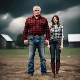 Create a photo-realistic image of a father dressed in a plaid button-up shirt, jeans, and boots, transforming into a demon