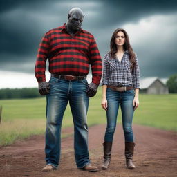 Create a photo-realistic image of a father dressed in a plaid button-up shirt, jeans, and boots, transforming into a demon