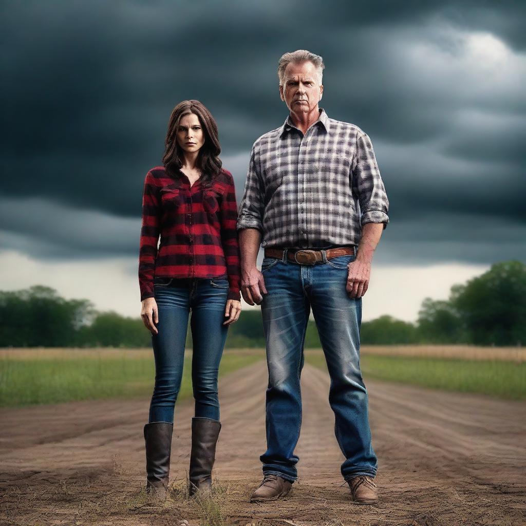 Create a photo-realistic image of a father dressed in a plaid button-up shirt, jeans, and boots, transforming into a demon