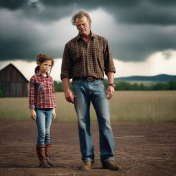 Create a photo-realistic image of a father dressed in a plaid button-up shirt, jeans, and boots, transforming into a demon