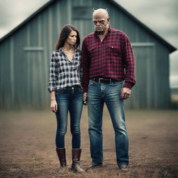 Create a photo-realistic image of a father dressed in a plaid button-up shirt, jeans, and boots, transforming into a demon