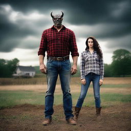 Create a photo-realistic image of a father dressed in a plaid button-up shirt, jeans, and boots, transforming into a demon