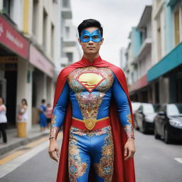 A superhero hailing from Singapore, donning a costume intertwined with modern design aspects and traditional Peranakan patterns, possessing powers intertwined with local myths and the multicultural spirit of the city-state