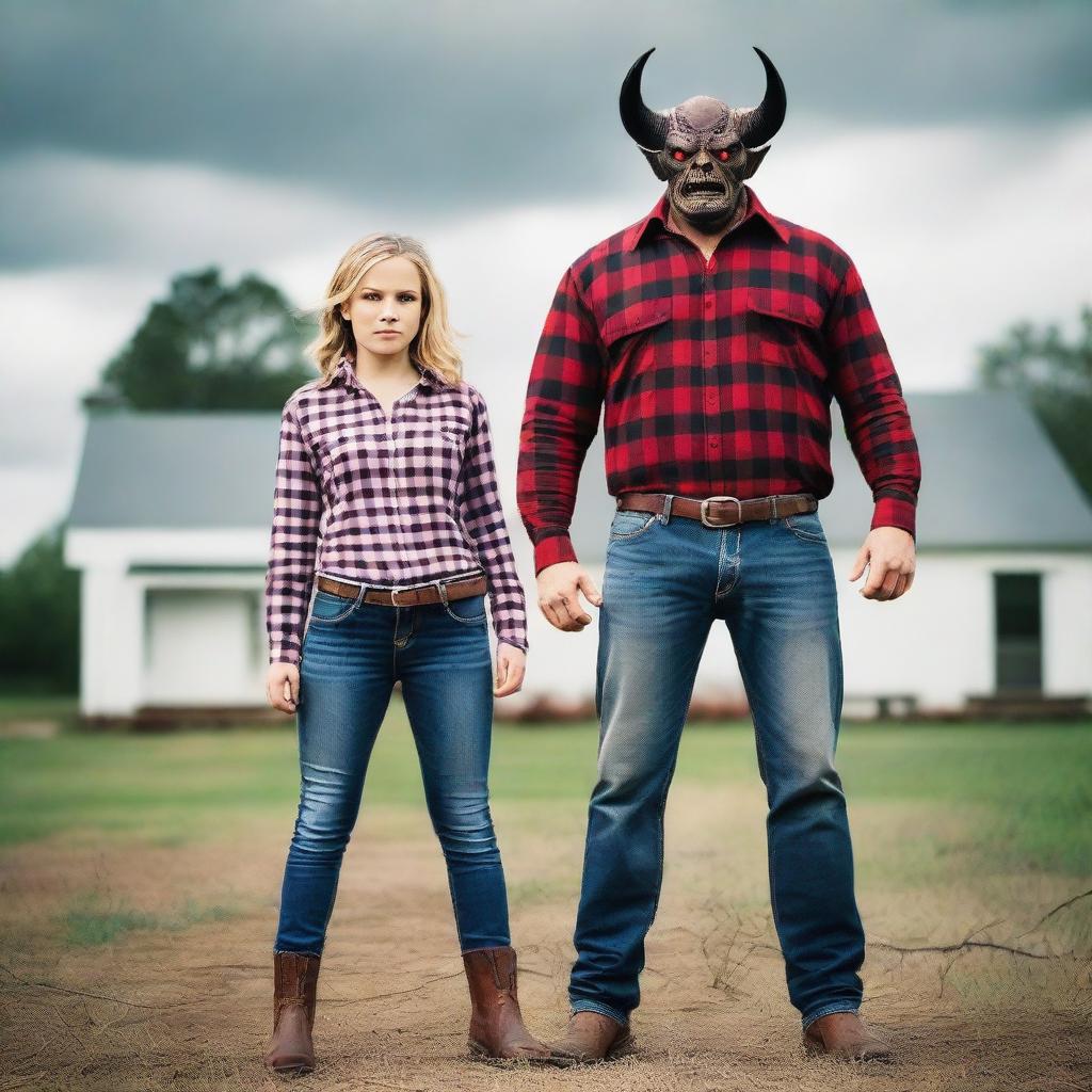 Create a photo of a father dressed in a plaid button-up shirt, jeans, and boots