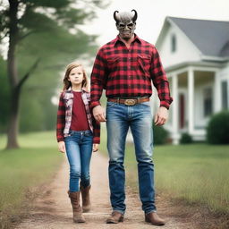 Create a photo of a father dressed in a plaid button-up shirt, jeans, and boots