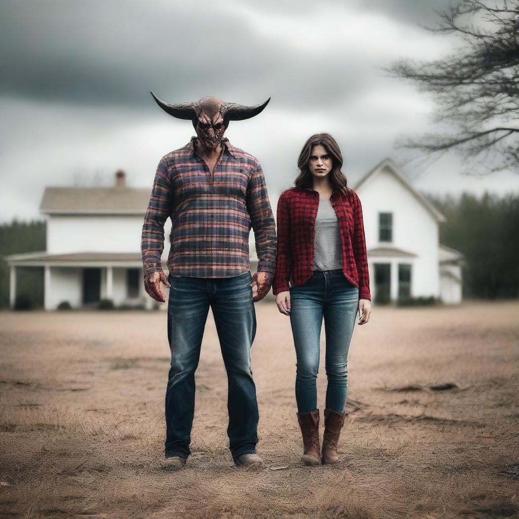 Create a photo of a father dressed in a plaid button-up shirt, jeans, and boots, transforming into a demon